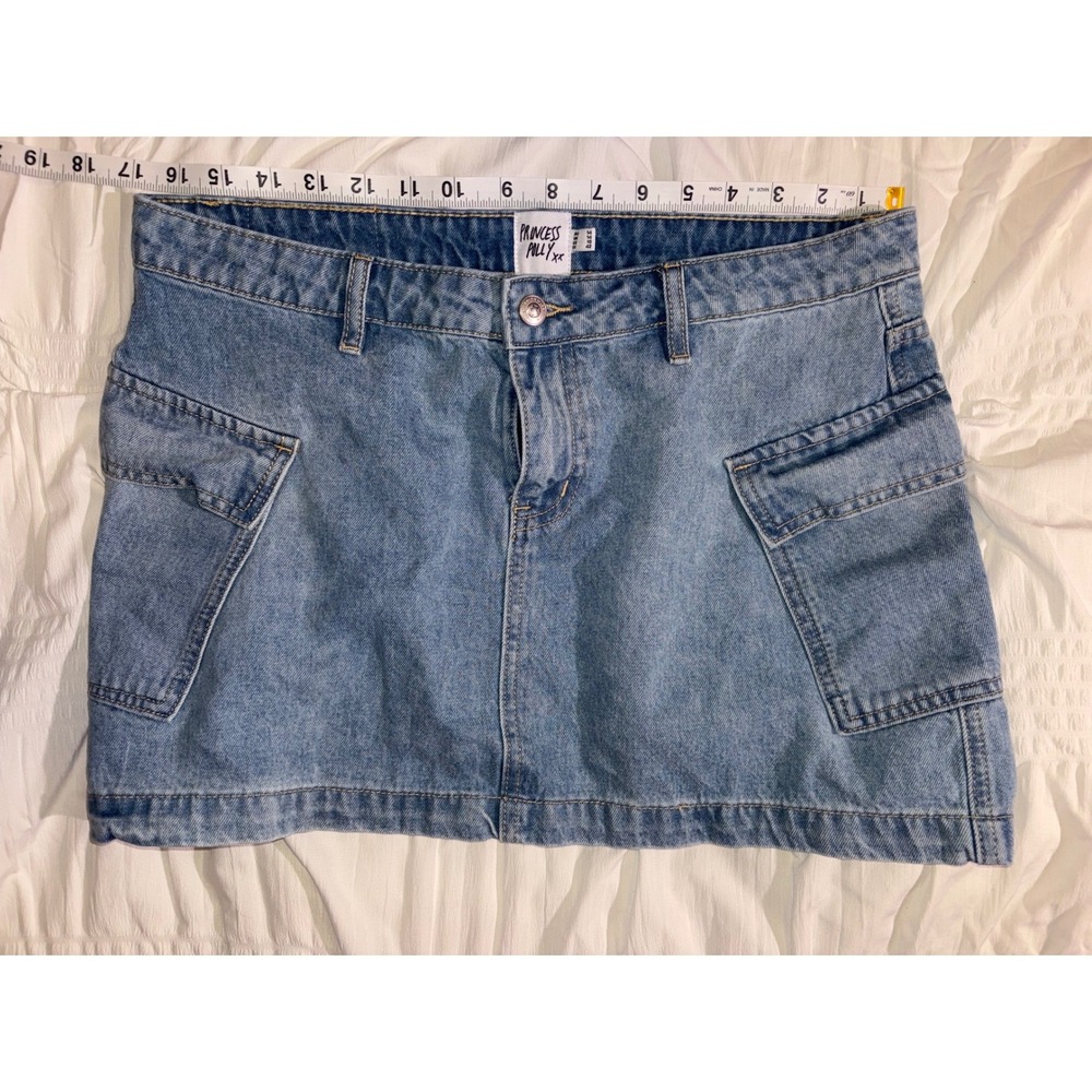 Princess Polly Denim Mini Skirt Light Wash Blue Cargo Pocket Womens 10 T05-05